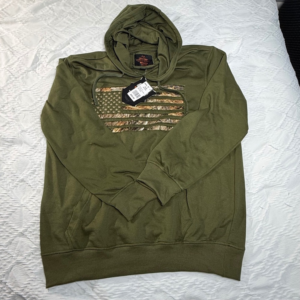 Realtree Mens Camo Flag Hoodie Army Green Fleece Sweatshirt Hunting LG
